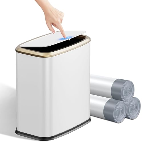 2.1 Gallon Bathroom Trash Can with Lid Press Top, 8 Liter Stainless Steel Garbage Can with Press Type Lid, Slim Trash Bin Waste Basket for Toilet, Office, Bedroom, Living Room (White) by KHMMGK