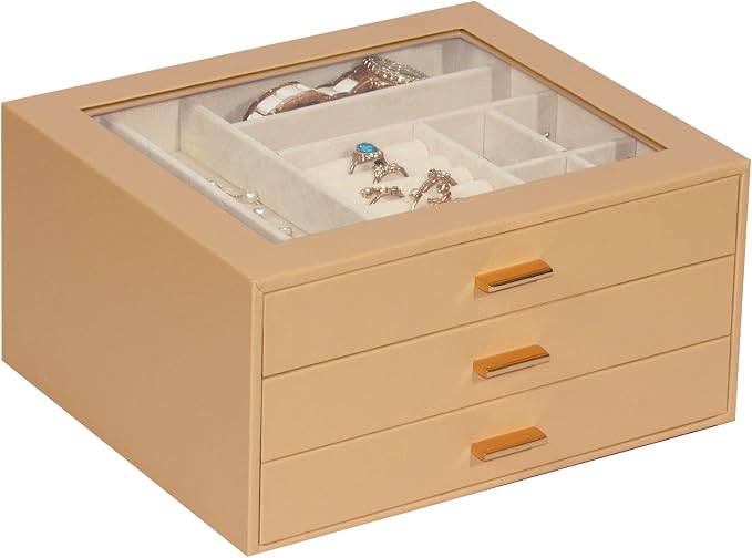 Jewelry Box with Glass Lid, 3-Layer Jewelry Organizer for Women Girls, PU Leather Display Case with 20-Grid Earring Tray & Movable Dividers for Necklaces Rings,Camel by Unknown