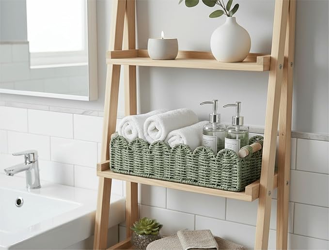 CubesLand Toilet Paper Storage Basket Scalloped Edge Home Decor Green Basket, Living Room Cozy Decor, Paper Rope Small Baskets for Over Toilet Storage Shelf, End Table, Shelves, with 2 Wooden Handles - Image 3