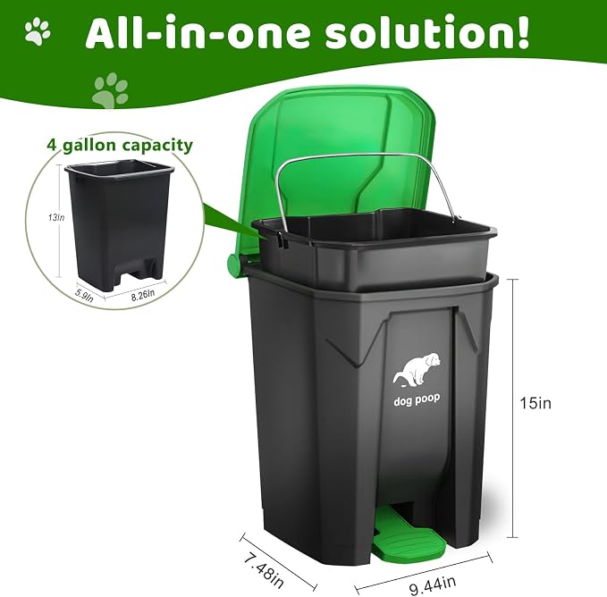 Dog Poop Trash Can Outside, 20L/5Gallon Dog Waste Trash Can with Lid, Pedal and Removable Inner Waste Bin, Pet Poop Bucket with 100 Bags, Green - Image 2