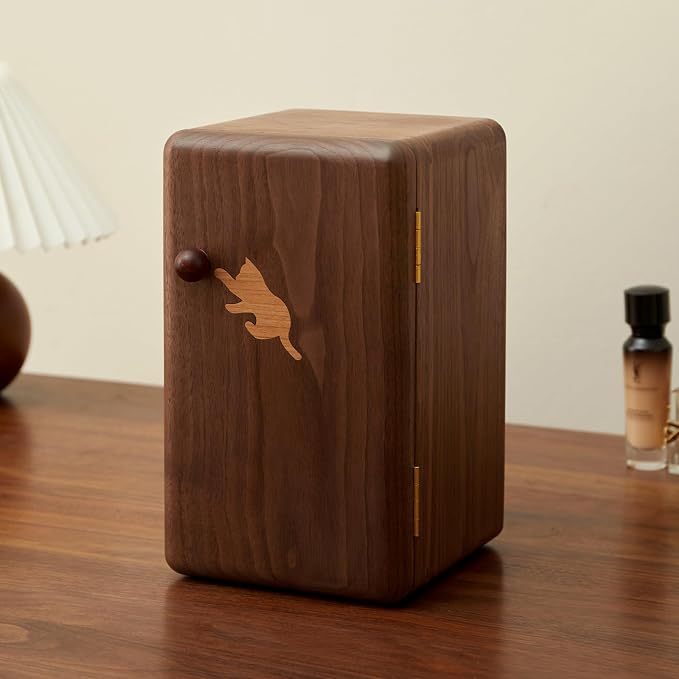Black Walnut Solid Wood Cabinet Jewelry Box for Women, Large Velvet Lined Organizer with 6 Drawers, Cherry Wood Cat Inlays, Rosewood Handles, Gift for Her - Image 4