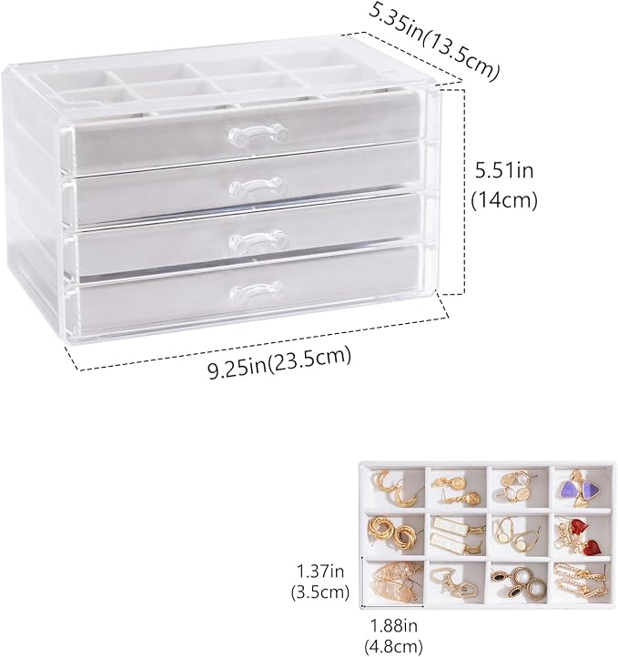 Lolalet Earring Holder Organizer Box Jewelry Storage with 4 Drawers, Clear Acrylic Stackable Earring Case with Adjustable Velvet Trays for Women on Dresser Vanity -Warmwhite, 4 Layers - Image 5