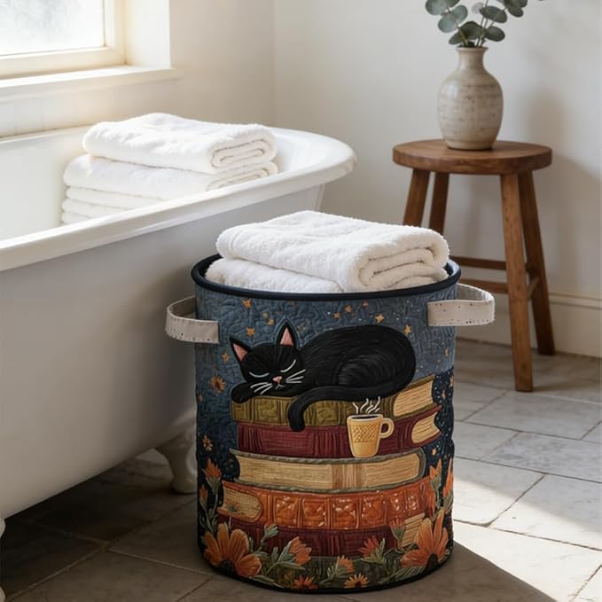 Cat Quilted Laundry Basket - 18"/22"/28", 2026 Large Quilted Cat Laundry Basket with Handles, Cozy Cat Fabric Storage Hamper for Nursery, Bedroom, Laundry Room, Clothes & Toys (5, S 14"X18") - Image 4