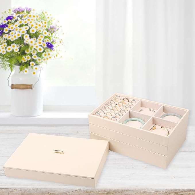 Voova Stackable Jewelry Organizer Tray with Lid, PU Leather Jewelry Storage Holder for Drawer Inserts, Jewellery Display Box Case for Earring Necklace Ring Watch Bracelet (Set of 4, Apricot) - Image 4