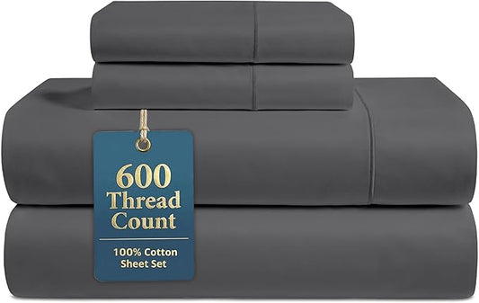 LANE LINEN California King Sheet Sets - 600 Thread Count Premium Sateen Weave - 100% Cotton Sheets for Hotel Quality Softness - 15'' Deep Pocket for Snug Fit to Your Mattress - Charcoal