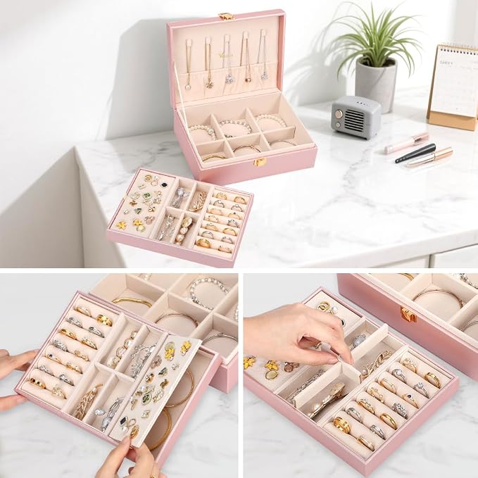 Voova Jewelry Box Organizer for Women Girls, 2 Layer Large Men Jewelry Storage Case, PU Leather Display Jewellery Holder with Removable Tray for Necklace Rings Bracelets,Vintage Gift,Rose Gold - Image 3