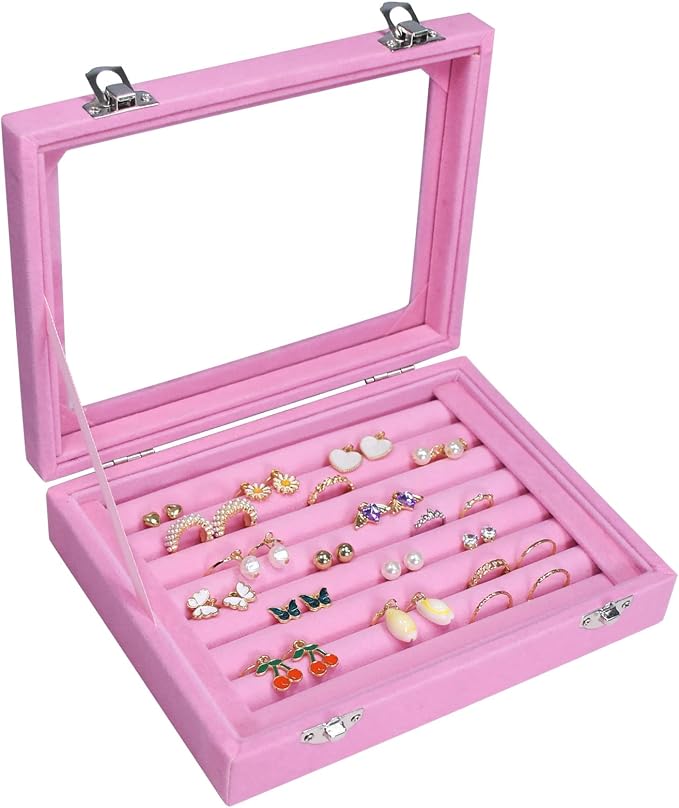 Vicoter Rings Organizer Tray 7 Slots Velvet Jewelry Earring Storage Box with Transparent lid Jewelry Display Case for Girls Wife Mom Women (Pink) by Vicoter