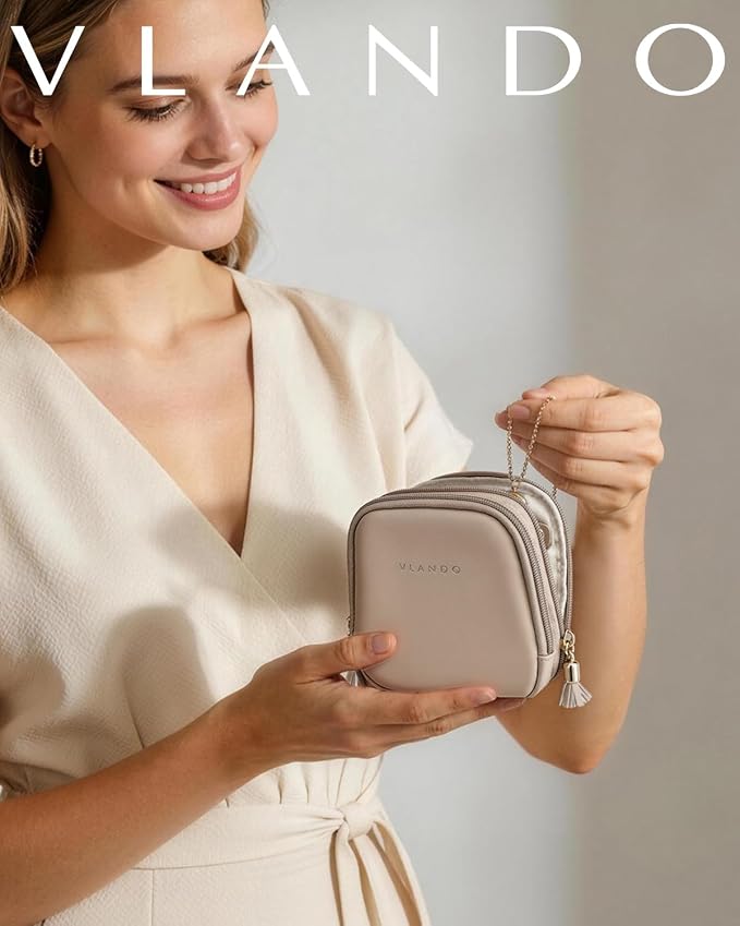 VLANDO Travel Jewelry Case,2-Layer Jewelry Organizer for Travel,Mothers Day Mom Gifts Teacher Gift,Multi-Compartment Jewelry Storage for Rings Earrings Necklaces Bracelets-Toffee - Image 2