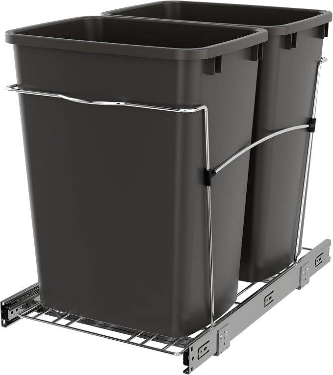 Rev-A-Shelf RV-18KD-13C-S Double Pullout Trash Can for Kitchen Cabinets 35 Quart Garbage Recycling Bin on Full Extension Slides, Gray by Rev-A-Shelf
