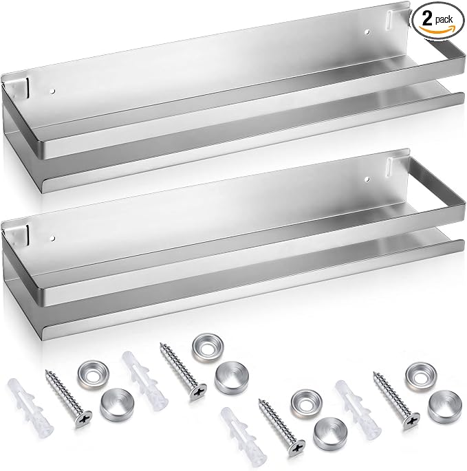 Lallisa 2 Pieces Stainless Steel Shelf Bathroom Shower Floating Shelves Wall Mounted Shower Caddy Basket Shelf Storage Organizer Shelves for Bathroom, Kitchen, Living Room(15.75 Inch/ 40 cm,Silver) by Lallisa