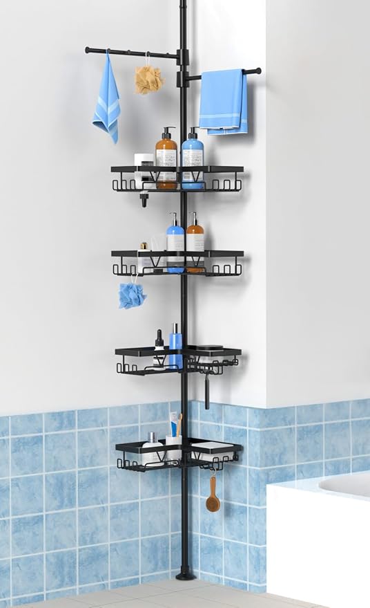KEGII Black Shower Caddy Tension Pole with 2 Towel Bars, Adjustable Corner Bathroom Organizer, Rustproof Bathtub Storage Shelves for Shampoo, 25–114.2 Inch Shower Corner Rack for Renters & Family by KEGII