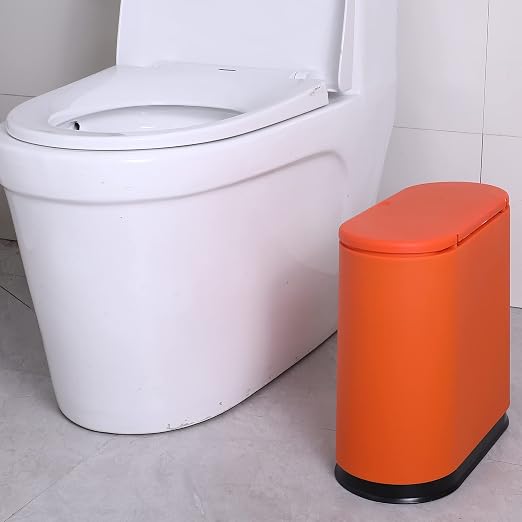 Sooyee 10 Liter Rectangular Plastic Trash Can Wastebasket with Press Type Lid,2.4 Gallon Garbage Container Bin for Bathroom,Powder Room,Bedroom,Kitchen,Craft Room,Office,Orange - Image 2