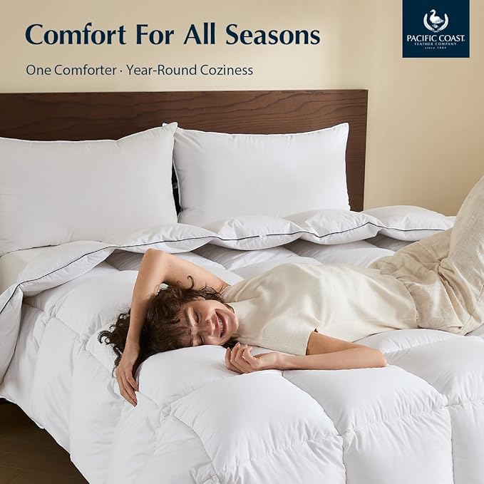 Pacific Coast Premium Goose Down Fiber Comforter Queen Size, 420TC 100% Australian Cotton Shell, All-Season Comforter with Hidden Baffle Box & Double-Stitched Piping (90"x90")