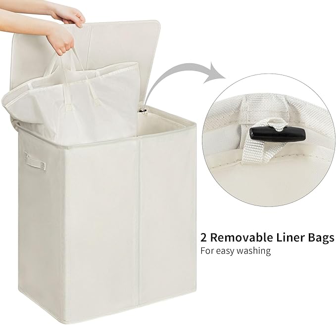 WOWLIVE 140L Double Laundry Hamper with Lid and Removable Laundry Bags, Large Dirty Clothes Hamper 2 section Collapsible Laundry Basket Dorm Room Storage for Bedroom, Bathroom, College,Beige - Image 5