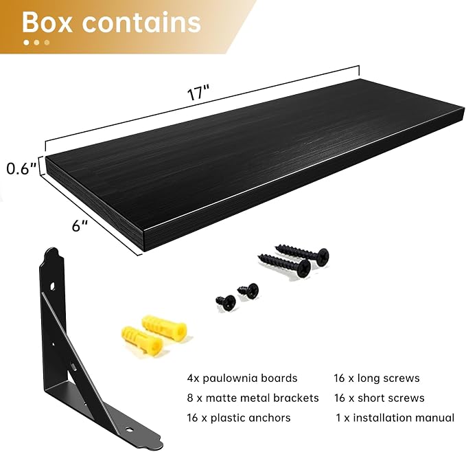 ROMGUAR CRAFT Wood Floating Shelves Set of 4, Rustic Storage Decor Wall Shelves, Wall Mounted Shelf for Living Room, Bedroom 17" x 6", Black - Image 3