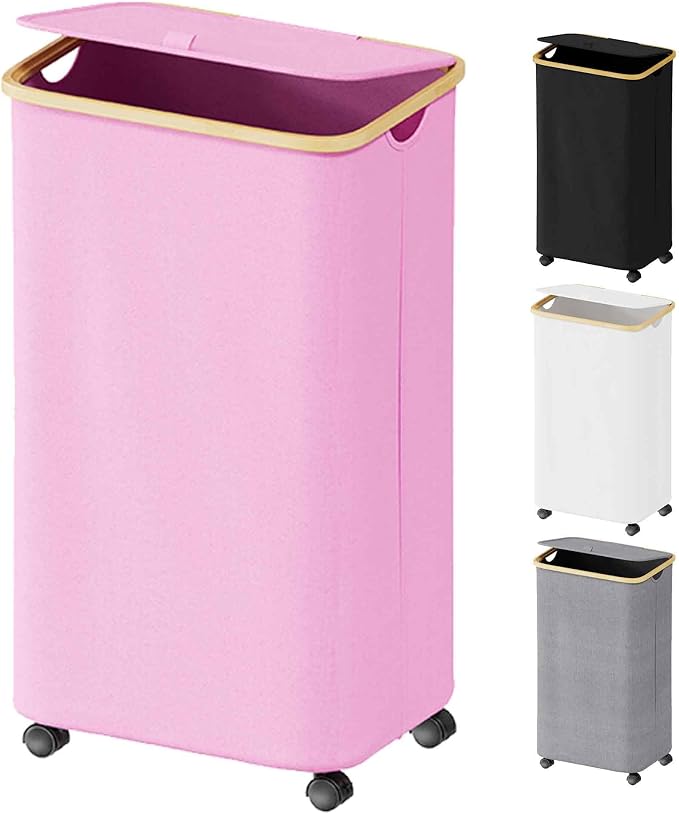 SUOCO Laundry Hamper on Wheels 100L, Clothes Basket with Lid and Bamboo Handles, Foldable Laundry Hamper for Bedroom, Bathroom, Dorm, Laundry Room - Pink by SUOCO