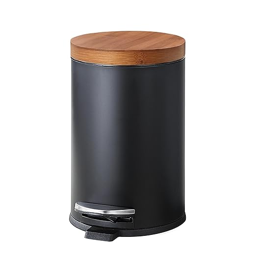 SunnyPoint Elite Bamboo Lid 4.5 Liter / 1.2 Gallon Round Trash Can with Plastic Inner Bucket; Bathroom, Office, Kitchen and Bedroom Step On and Slow Close (Black) by SunnyPoint