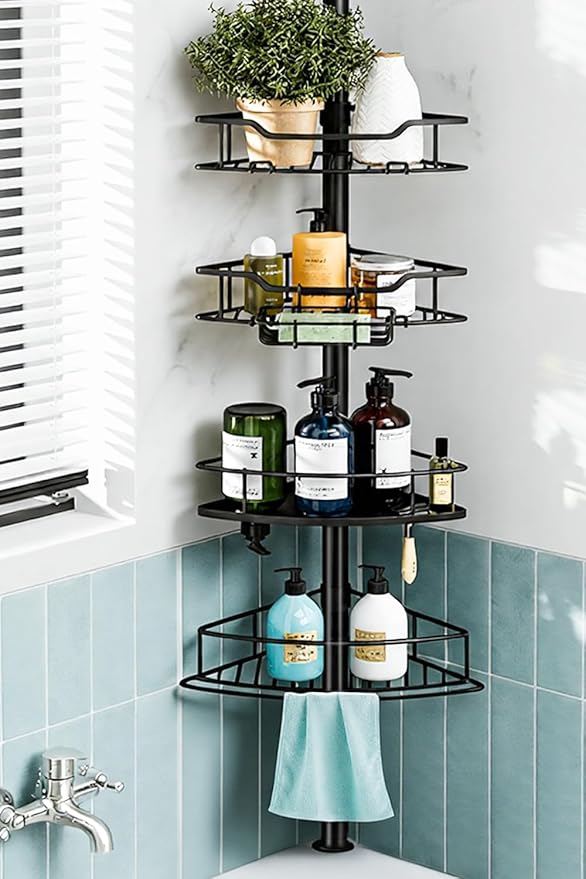 Corner Shower Caddy Tension Pole, 4 Tier Rustproof Shower Tension Rod Organizer, Adjustable 25-125 Inch Bathroom Shower Organizer Shelves for Bathtub Shampoo Storage, Black by Dimyno