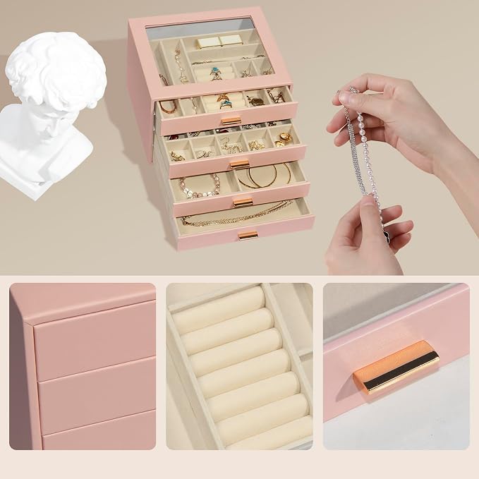 Jewelry Box with Glass Lid, 4-Layer Jewelry Organizer for Women Girls, PU Leather Display Case with 20-Grid Earring Tray & Movable Dividers for Necklaces Rings,Pink - Image 6