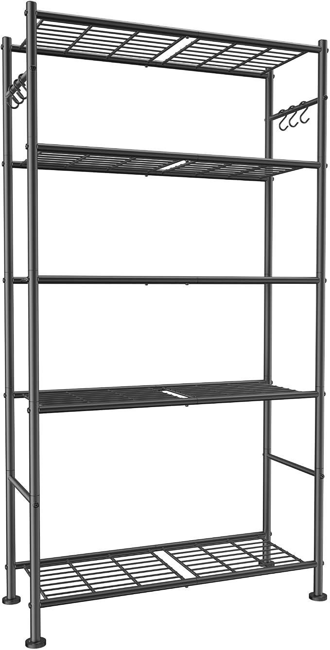 Sakugi Storage Shelves - 5-Tier Large Capacity Shelf Organizer with Hooks, Heavy-Duty Garage Shelving with Leveling Feet, Wobble-Free Rack for Bedroom, Balcony, Garage, 32.1"×12.4"×71.4", Black by Sakugi