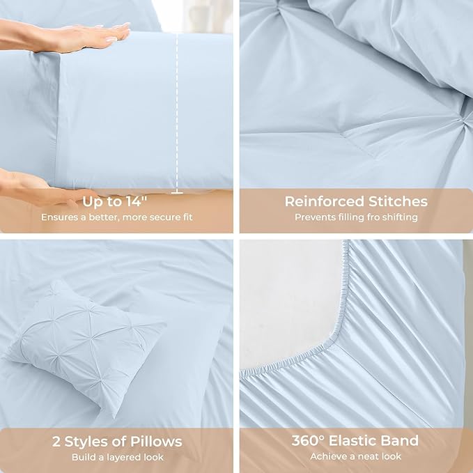 Sasttie California King Comforter Set, 7-Piece Bed in a Bag, Pintuck Bedding Sets for All Season, Includes Comforter, Flat Sheet, Fitted Sheet, Pillowcases and Pillowshams, Light Blue