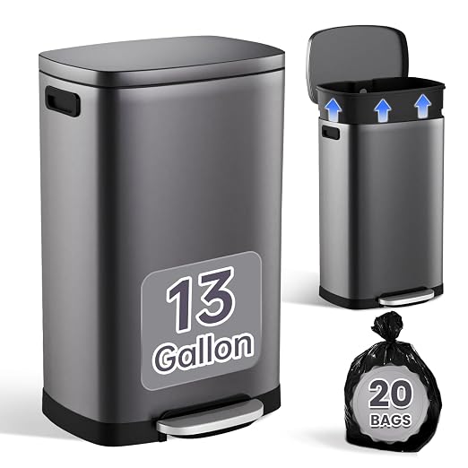 ELPHECO Kitchen Trash Can with Lid Soft Close, 13 Gallon / 50L Stainless Steel Pedal Garbage Can, Heavy-Duty Step Wastebasket with 20 Bags, Removable Bucket, Home Office, Titanium Silver by ELPHECOUSA