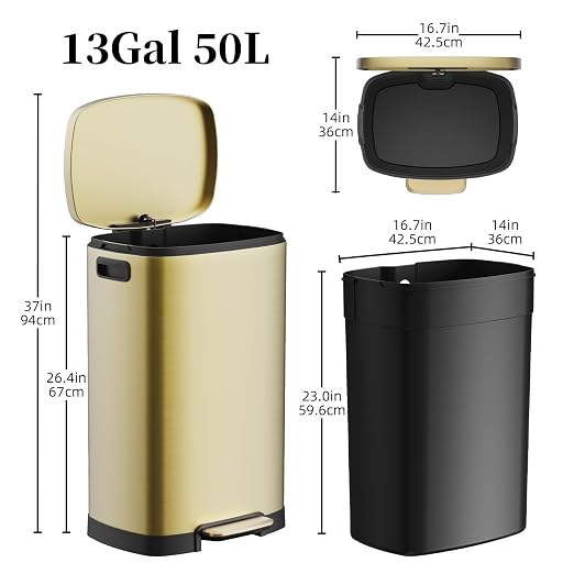 KdbK 13 Gallon Trash Can with Lid, 50L Fingerprint Proof Stainless Steel Kitchen Trash Can with Removable Inner Bucket and Lid Soft Close, Pedal Rubbish Bin for Home Office, Gold - Image 6