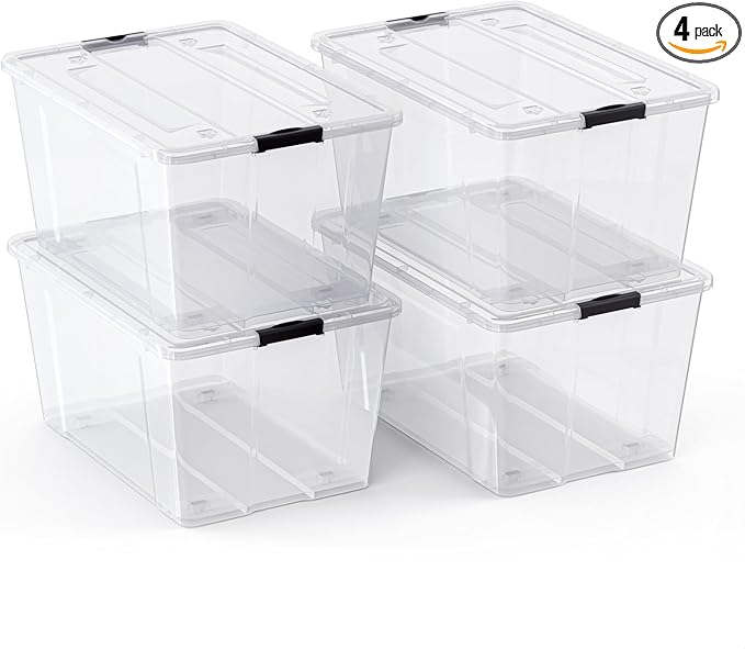Lifetime Appliance Parts 4 PACK 75 Qt. Plastic Storage Bin Tote Organizing Container with Ultra Durable Lid & Secure Latching Buckles Stackable Extra Strength Clear w/Black Handle