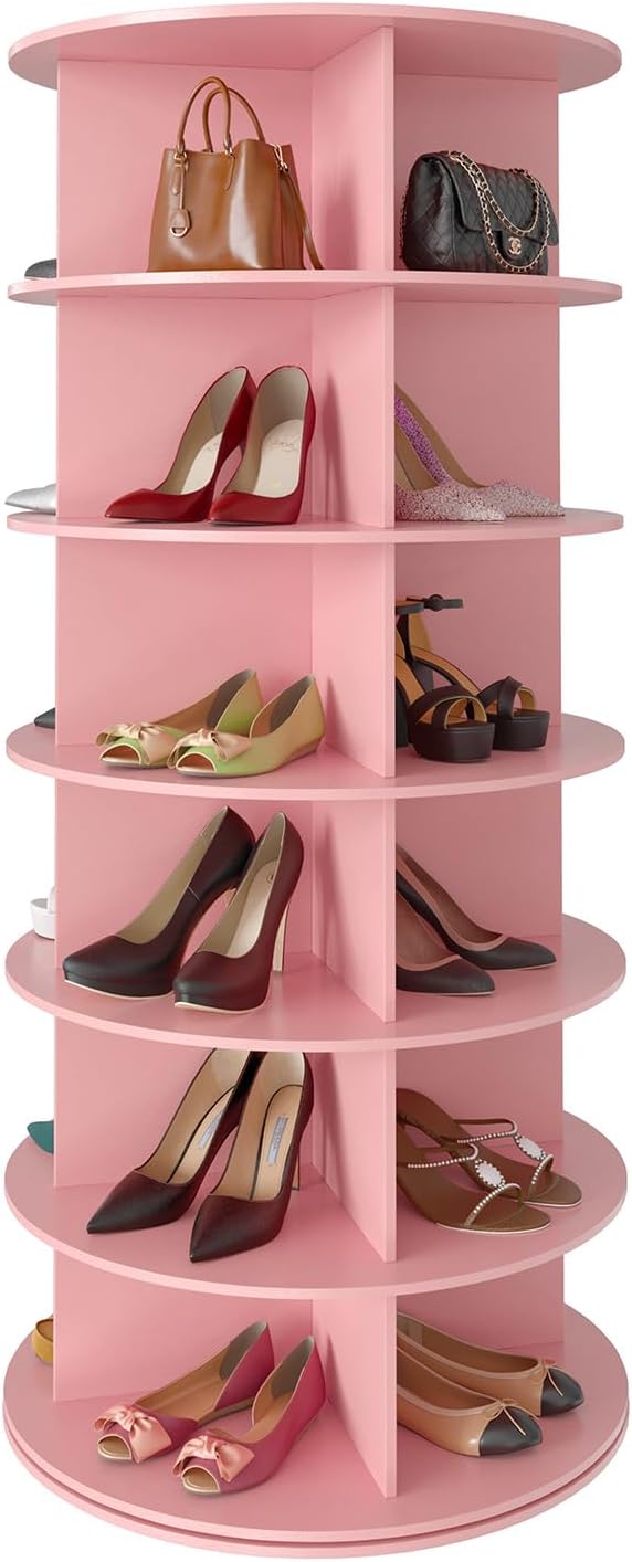 SpaceAid 6 Tier Rotating Shoe Rack Tower, Spinning Shoe Display Lazy Susan, Revolving 360 Shoe Rack Storage Round Carousel, Vertical Handbag Rotate Shoes Closet Organization (6-Tier Pink) by SpaceAid