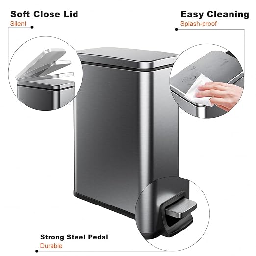 Slim Bathroom Trash Can with Lid Soft Close, 1.6 Gallon Stainless Steel Garbage Can with Removable Inner Bucket, Durable Step Pedal, Small Trash Bins for Toilet, Bedroom, Kitchen, Office - Image 7