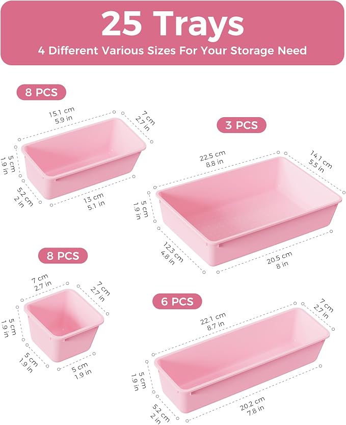 BiuLeon 25 PCS Plastic Drawer Organizers Set, 4-Sizes Vanity and Makeup Organizer, Desk and bathroom Drawer Organizer Trays, Organizers and Storage for Makeup, Jewelry, Gadgets, Utensils (Pink) - Image 2
