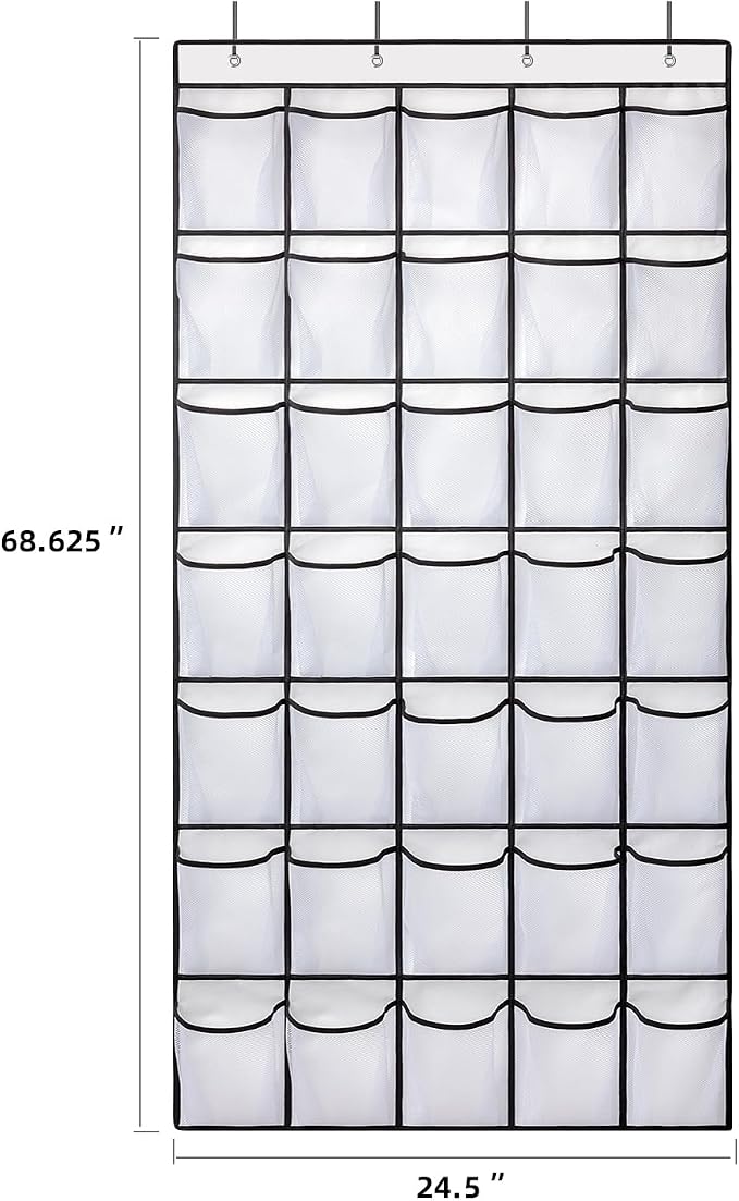 SAVERHO 35 Pockets Over the Door Shoe Organizer, Hanging Shoe Organizer for Door with 35 Mesh Pockets Large Capacity Shoe Hanging Storage Bag with 4 Metal Hooks (White-1Pack) - Image 3
