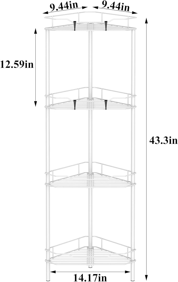 HuggieGems 4 Tier Floor Standing Corner Shower Caddy Organizer Shelf with Hooks, Bathroom Shelves Stand Rack, White - Image 7