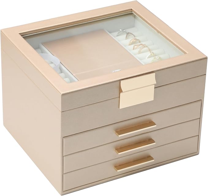 BOOVO Clear Lid Jewelry Box,4 Layers Jewelry Organizer Large Jewelry Storage Box with 3 Drawers,Jewelry Holder Organzier of Rings Earrings Necklace Bracelets for Women (Champagne, 4 Layer) by BOOVO