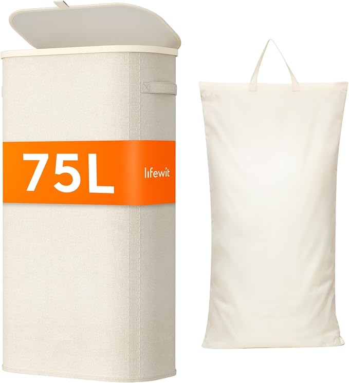 Lifewit Slim Laundry Basket with Lid, Narrow Large Laundry Hamper with Plastic Handles and Removable Bag, Tall Foldable Dirty Clothes Hampers for Laundry Room, Bedroom, Bathroom, Dorm, 75L White by Lifewit