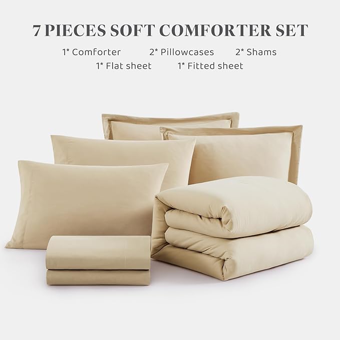 WRENSONGE Super King Size Comforter Set- 7 Pieces Beige Bed in a Bag Super King with Fitted Sheet, Flat Sheet, 2 Pillow Shams, and 2 Pillowcases- Warm Bed Set for All Season