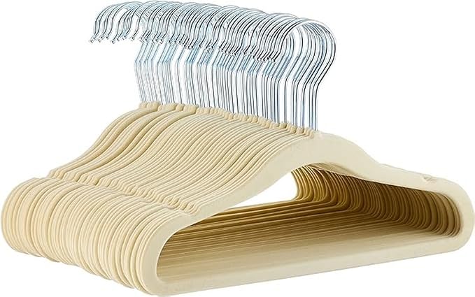 Amazon Basics Kids Space Saving Velvet Non-Slip Clothes Hangers with Shoulder Notches for Infant and Toddler, 11.6", Beige, 50-Pack by AmazonBasics