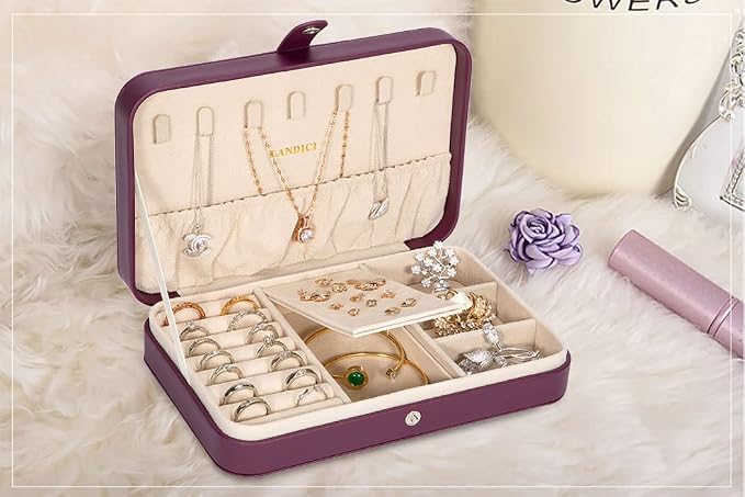 LANDICI Small Jewelry Box for Women Girls, PU Leather Travel Jewelry Case, Portable Jewelry Organizer Storage Holder Display for Ring Earrings Necklace Bracelet Bangle Men Kids Gift, Purple - Image 6