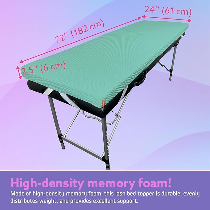 Lash Bed Foam Topper – 2.5 Inch Thick Memory Foam Massage Table Pad with Corner Straps & Anti-Slip Base, Comfortable Spa or Facial Bed Topper for Lash Extensions & Salon Use – Teal
