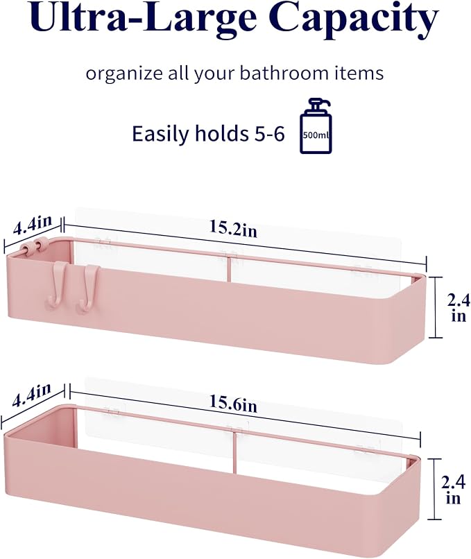 Kitsure Shower Caddy - 2 Pack Adhesive Shower Organizer, Rustproof Metal Shelves, No-Drill Bathroom Organizers and Storage, Pink, XX-Large - Image 2
