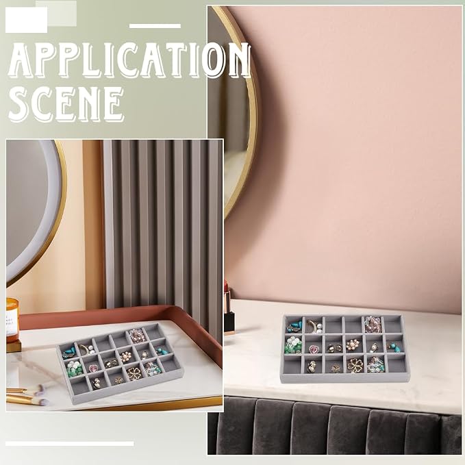2Pcs 5 x 8.3 Inch 18 Grid Jewelry Tray Drawer Insert Velvet Earring Organizer Display Case Storage with Removable Divider Container Box for Rings Watch Necklace Trinket Holder Showcase Gray - Image 4