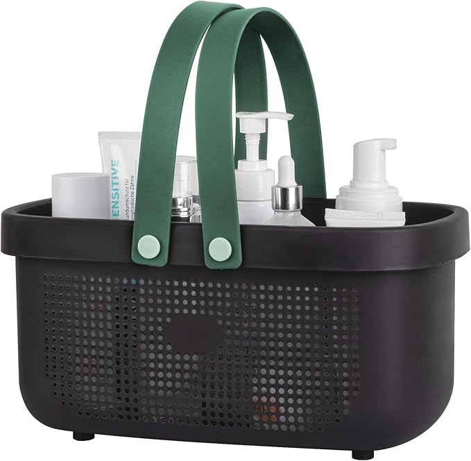 JiatuA Plastic Storage Basket with Handle Portable Shower Caddy Tote Organizer Basket Bin for Bathroom Kitchen Dorm Room Bedroom, Black Green by JiatuA