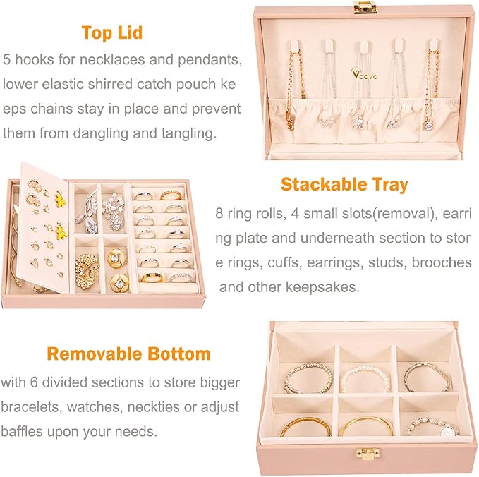 Voova Jewelry Box Organizer for Women Girls, 2 Layer Large Men Jewelry Storage Case, PU Leather Display Jewellery Holder with Removable Tray for Necklace Earrings Rings Bracelets, Vintage Gift, Pink - Image 2