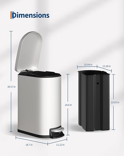 Garvee 13 gal / 50 L Metal Kitchen Trash Can with Lid, Slim Rustproof Garbage Can, Large Step-on Trash Bin with Inner Bucket, Rear Handle, Soft Close Lid, White - Image 7