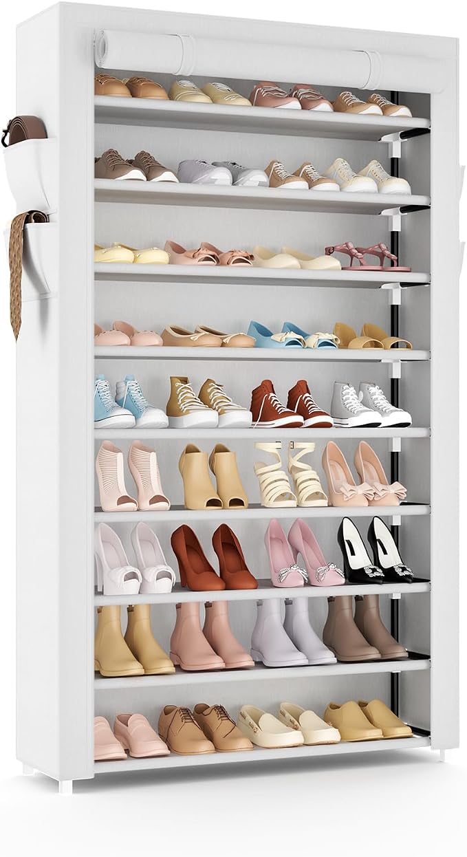 VILICK Shoe Rack with Cover Narrow Shoe Organizer with Pockets 10 Tier Tall Shoe Storage Holds 36-41 Pairs Shoes and Boots Shoe Rack for Closet Entryway Garage, White by VILICK