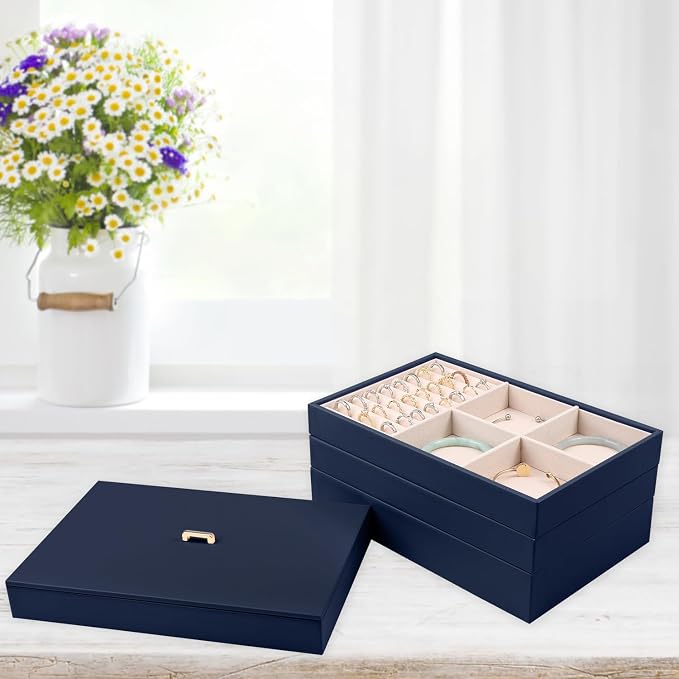 Voova Stackable Jewelry Organizer Tray with Lid, PU Leather Jewelry Storage Holder for Drawer Inserts, Jewellery Display Box Case for Earring Necklace Ring Watch Bracelet (Set of 4, Navy Blue) - Image 4