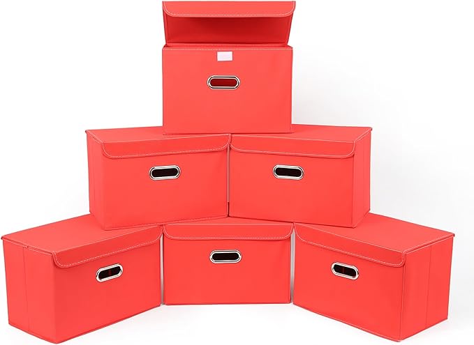 STOREONE Fabric Storage Cube Bins Foldable Organizer Container Collapsible Basket with Lids and Metal Handles, for Home, Bedroom, Closet 6 Pcs (Red) by STOREONE
