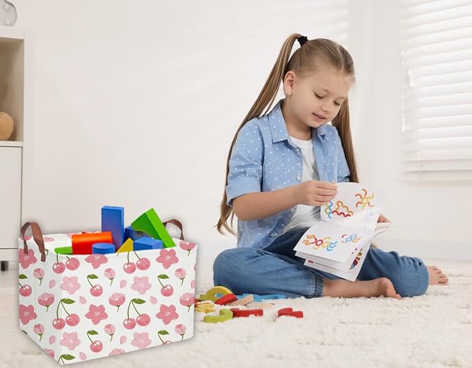 Rectangular Kids Basket Girls Baskets Kids Storage Bins Girls Room Decor Toy Storage Bin Cute Organizer Box(Cherry) - Image 2