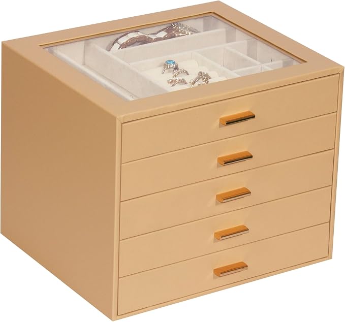 Jewelry Box with Glass Lid, 5-Layer Jewelry Organizer for Women Girls, PU Leather Display Case with 20-Grid Earring Tray & Movable Dividers for Necklaces Rings,Camel by Unknown