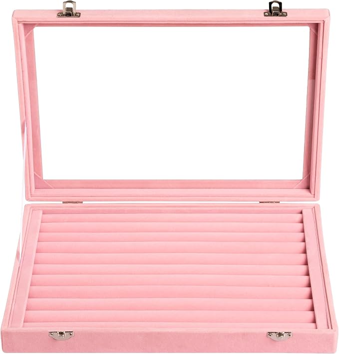 Frebeauty Rings/Earrings Organizer Tray with Clear Lid 10 Slots Velvet Drawer Insert Jewelry Storage box Transparent Glass lid Jewelry Display Case Showcase Gift for Girls Women (Pink, 10 Slots) - Image 4